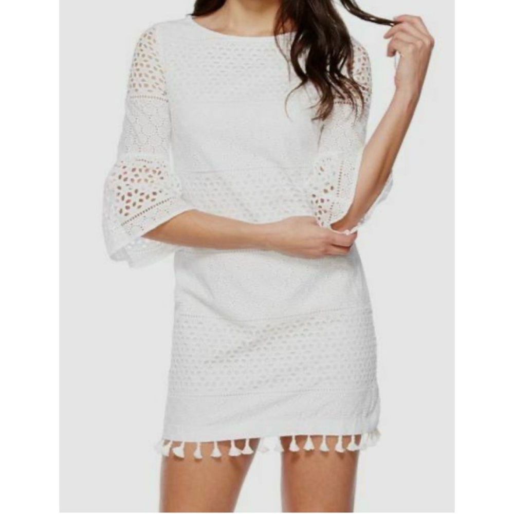 Vince Camuto Women's White Eyelet Tassel Hem A-Line Dress Size 4